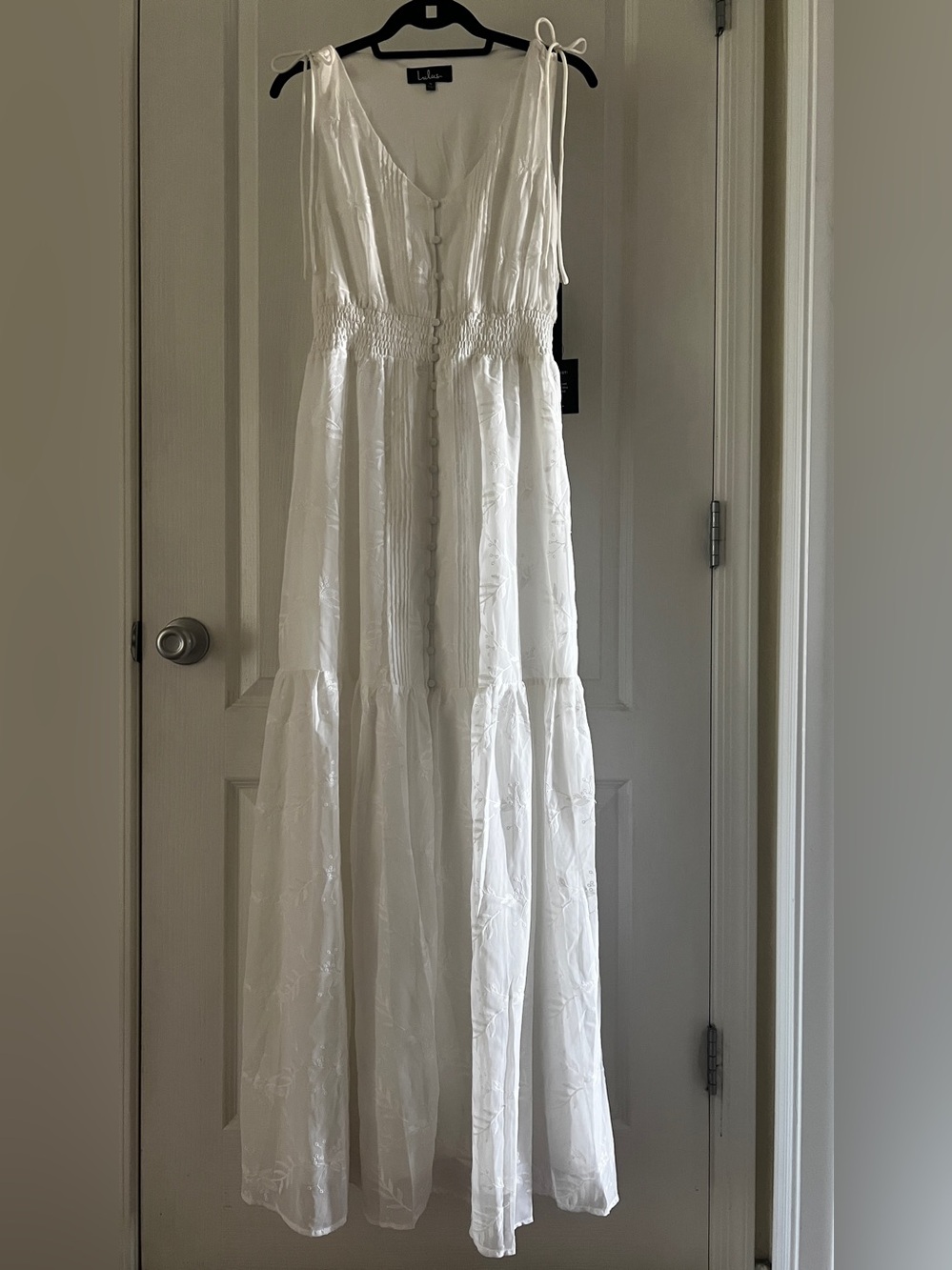 Lulu's White Tie-Shoulder Eyelet Maxi Dress
